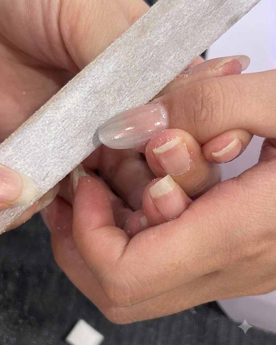 A hand file gently shaping and cleaning up the edges of a finished nail.