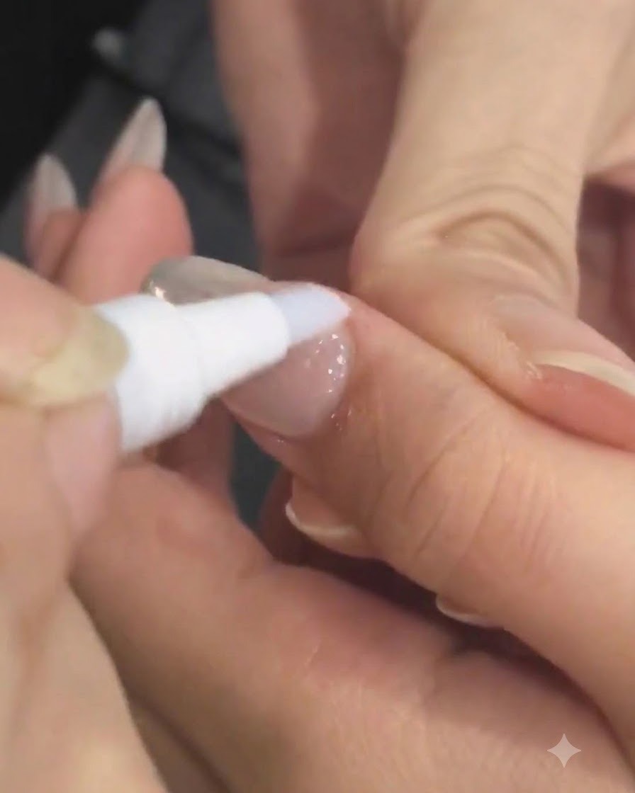 A cuticle oil pen applying nourishing oil to the cuticle area of a finished manicure.
