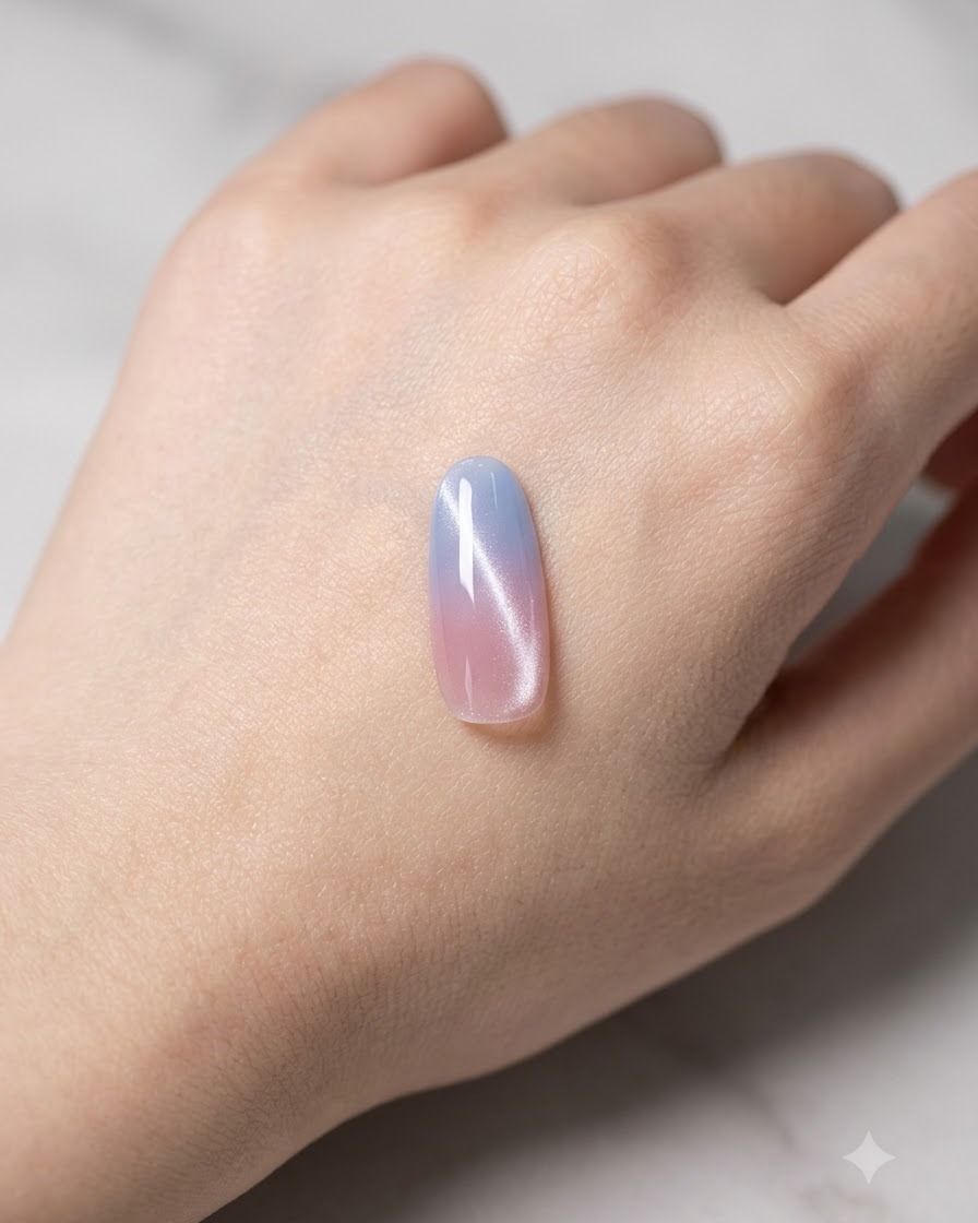 A close-up view of a matte top coat being brushed over a nail tip.
