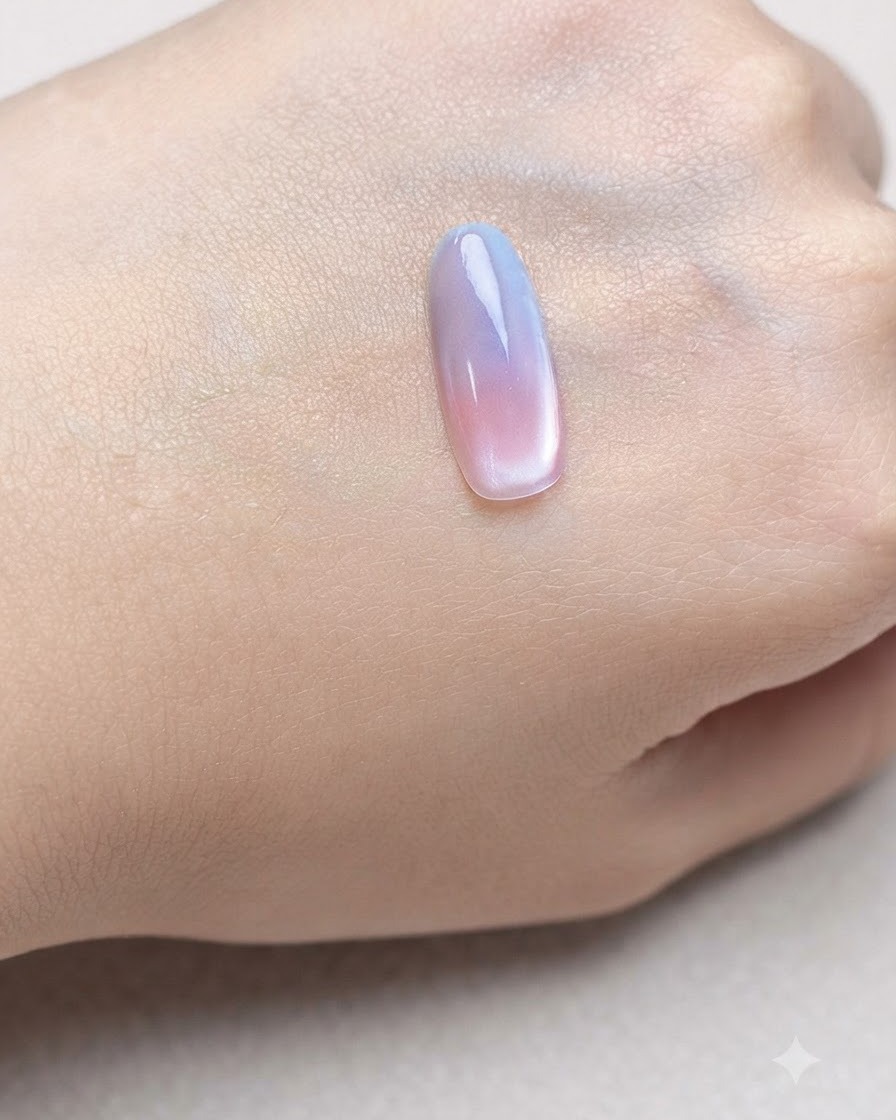 A nail tip under a curing lamp after the cat-eye magnetic effect has been applied.
