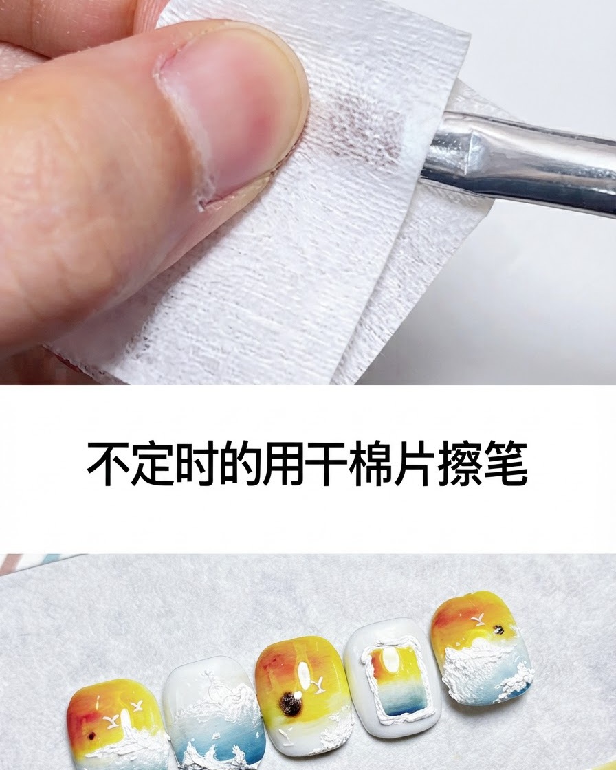A nail art brush being wiped clean on a dry cotton pad.
