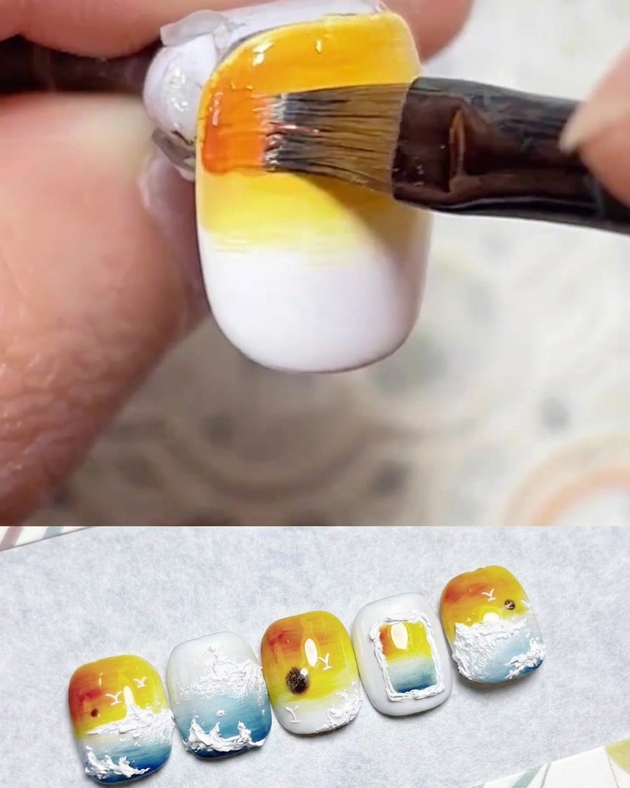 A brush applying vibrant orange gel to the extreme top edge of the nail.