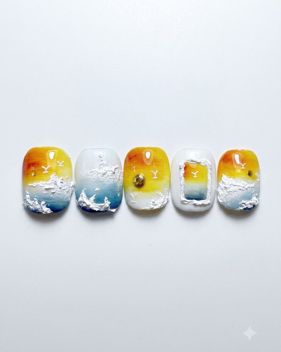 A dotting tool placing a small gold cat-eye gel dot onto a yellow and blue sunset gradient nail.