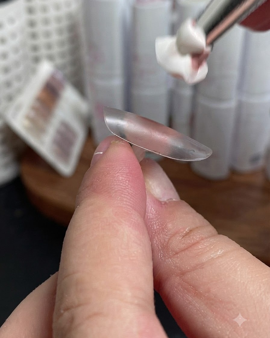 A brush applying a light pink base coat onto a clear nail tip.