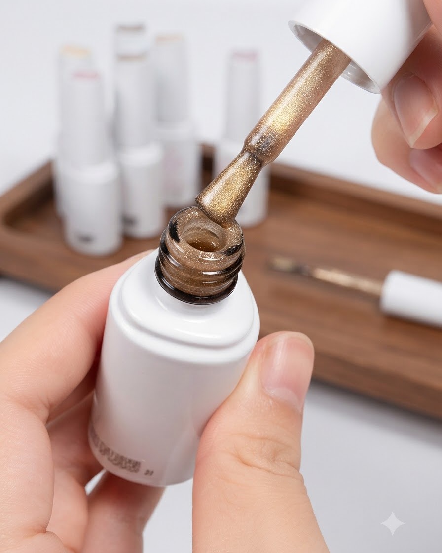 A brush withdrawing gold cat-eye polish from a white bottle.
