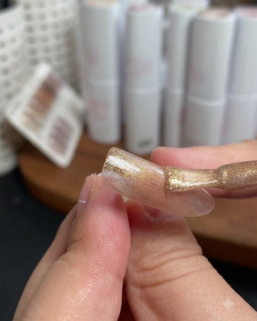A brush applying gold cat-eye polish while showing shimmer alignment on the nail tip.