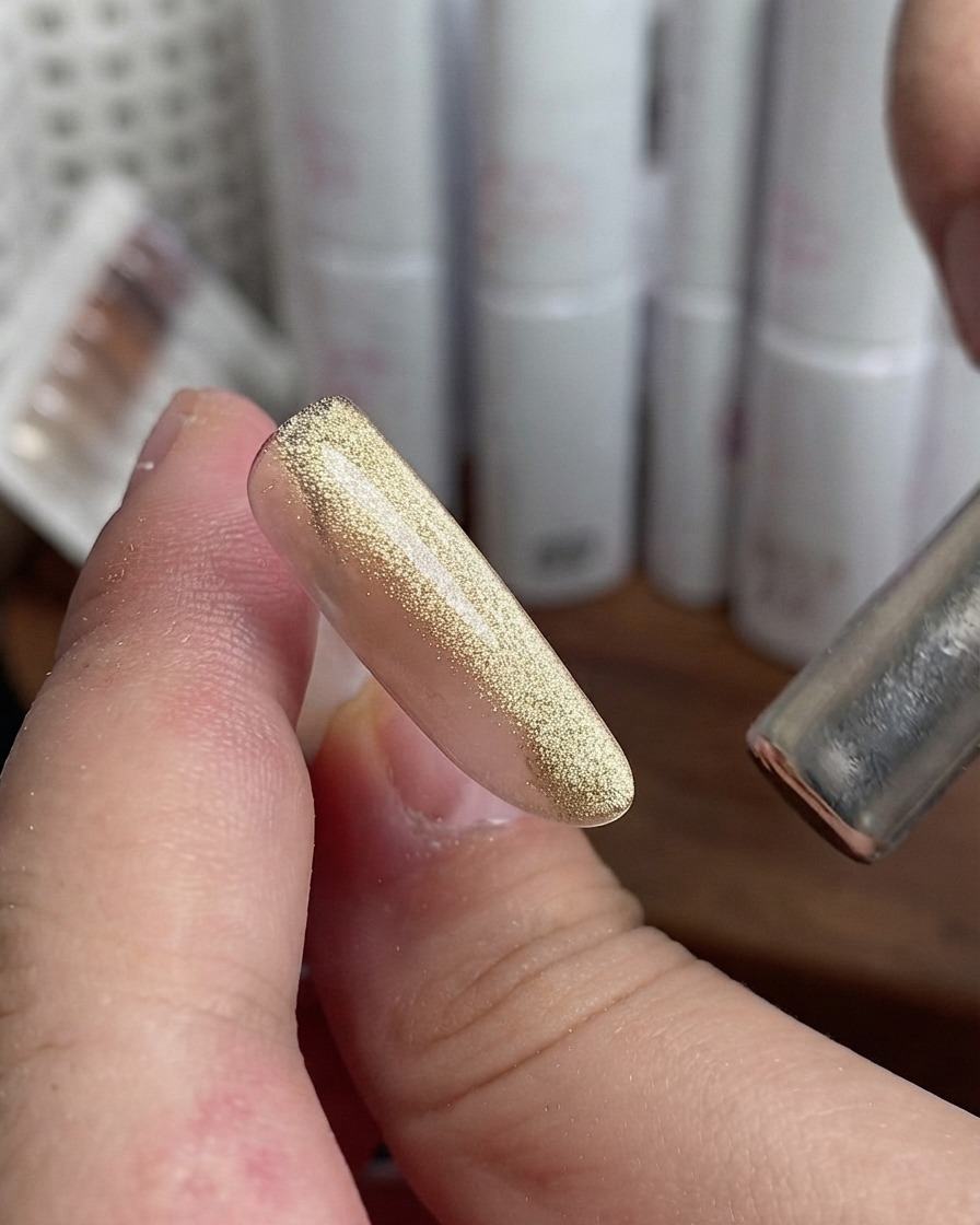 An index finger nail tip with gold cat-eye polish next to a magnet.