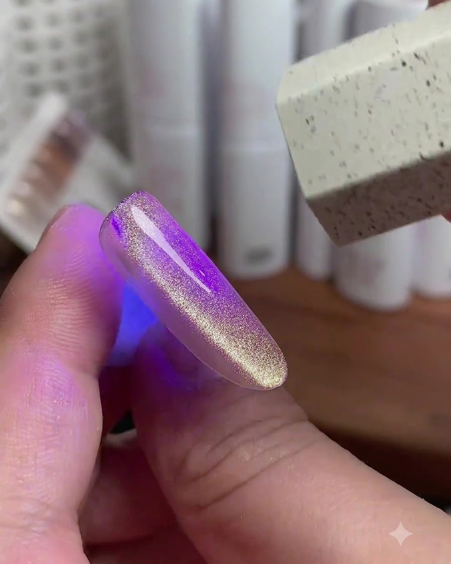 A purple UV light curing the gold cat-eye nail polish with a tool nearby.