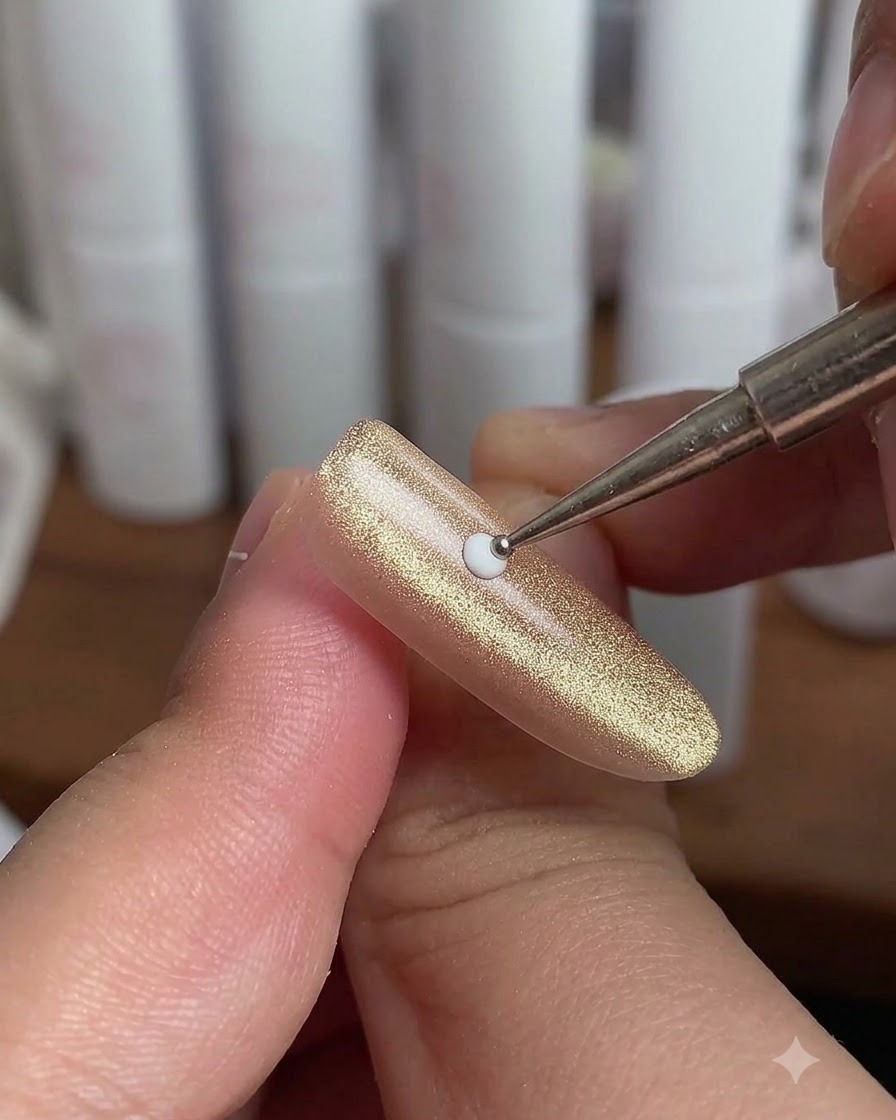 A close-up of a nail artist using a dotting tool to place small white dots around a central dot on a gold cat-eye nail.