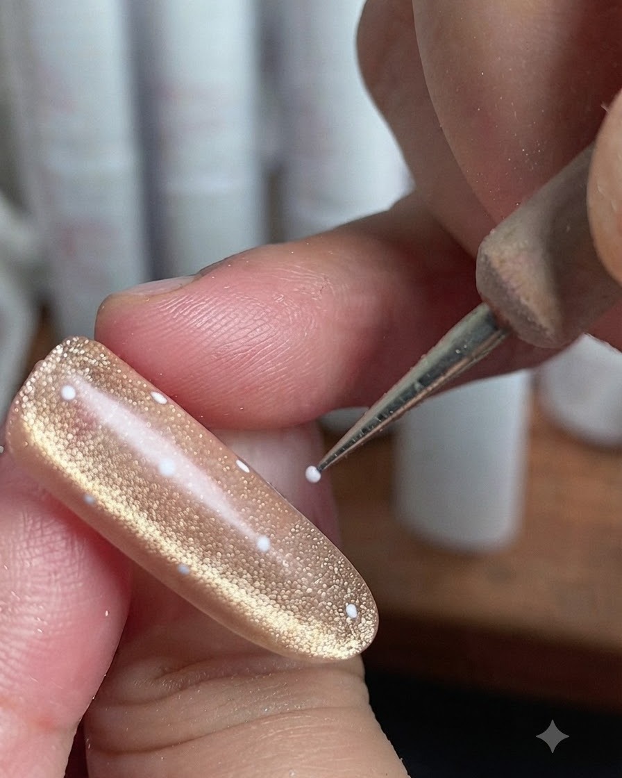 A fingernail with white dot art being cured under a UV nail lamp.