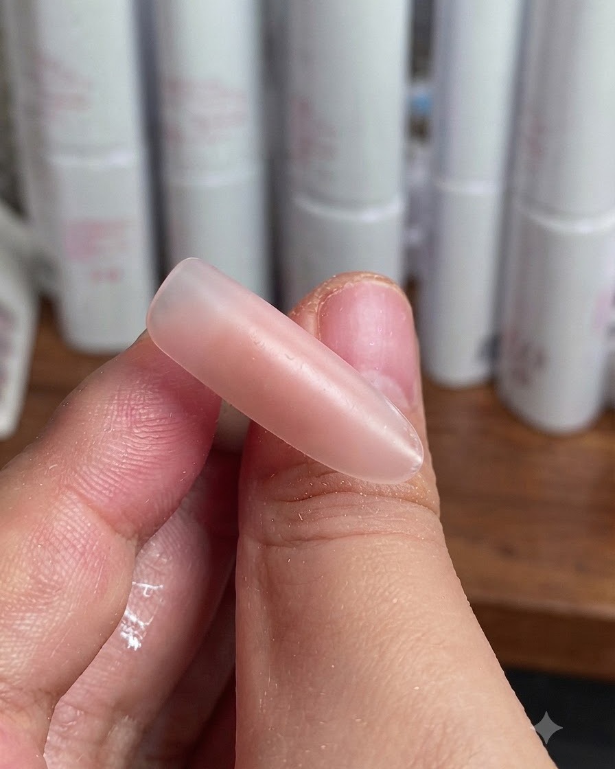 A thin liner brush drawing a diagonal white line across a light pink nail.