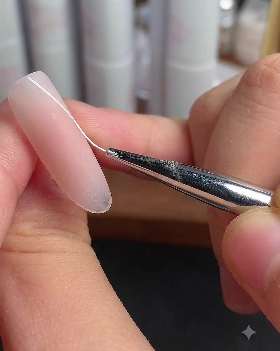 A liner brush adding parallel white diagonal lines to a ring finger nail.
