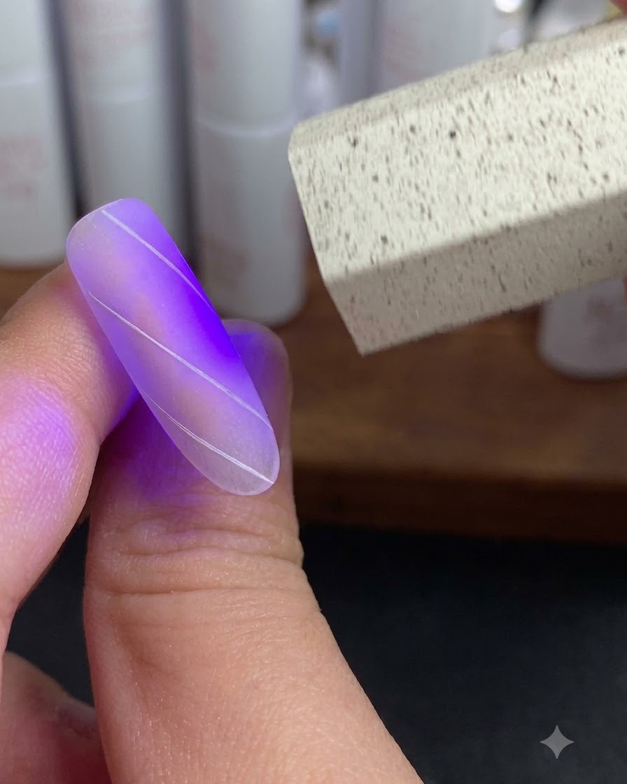 A liner brush adding intersecting lines to finish the white lattice design on a nail.