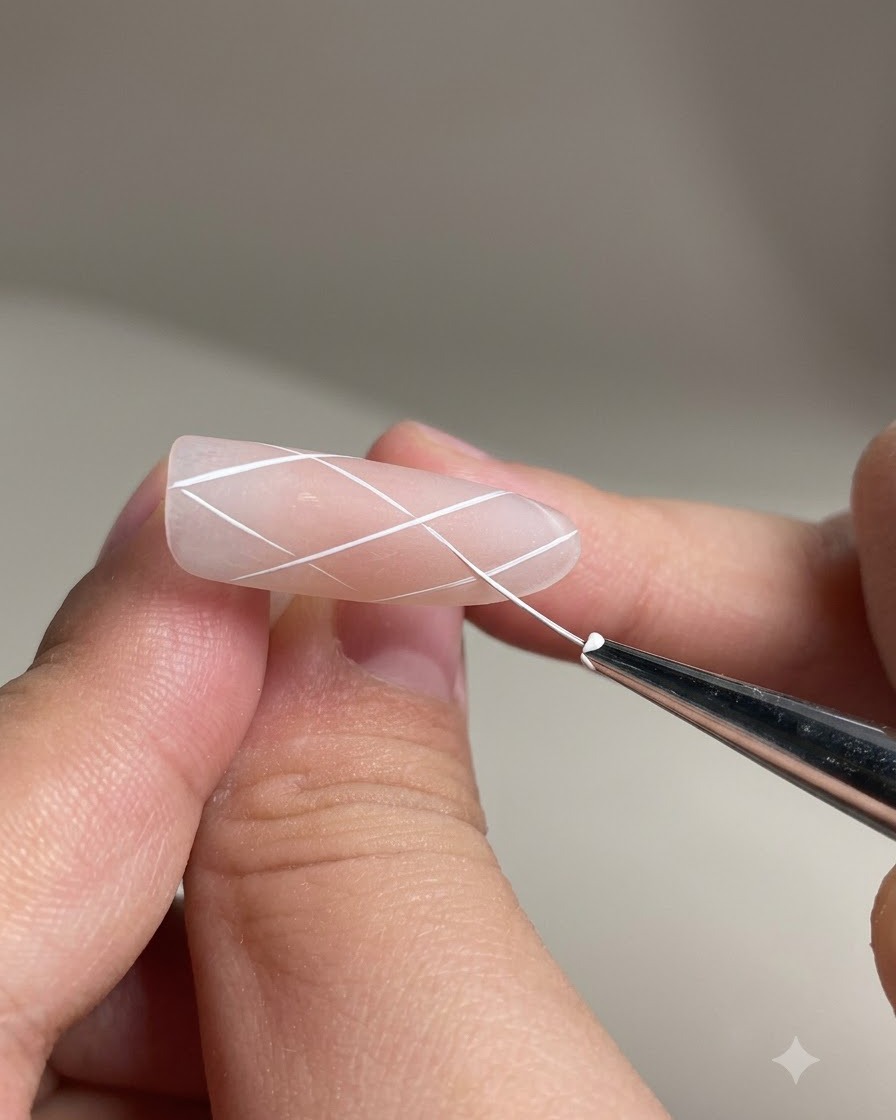 A nail under a UV lamp curing white lattice lines.