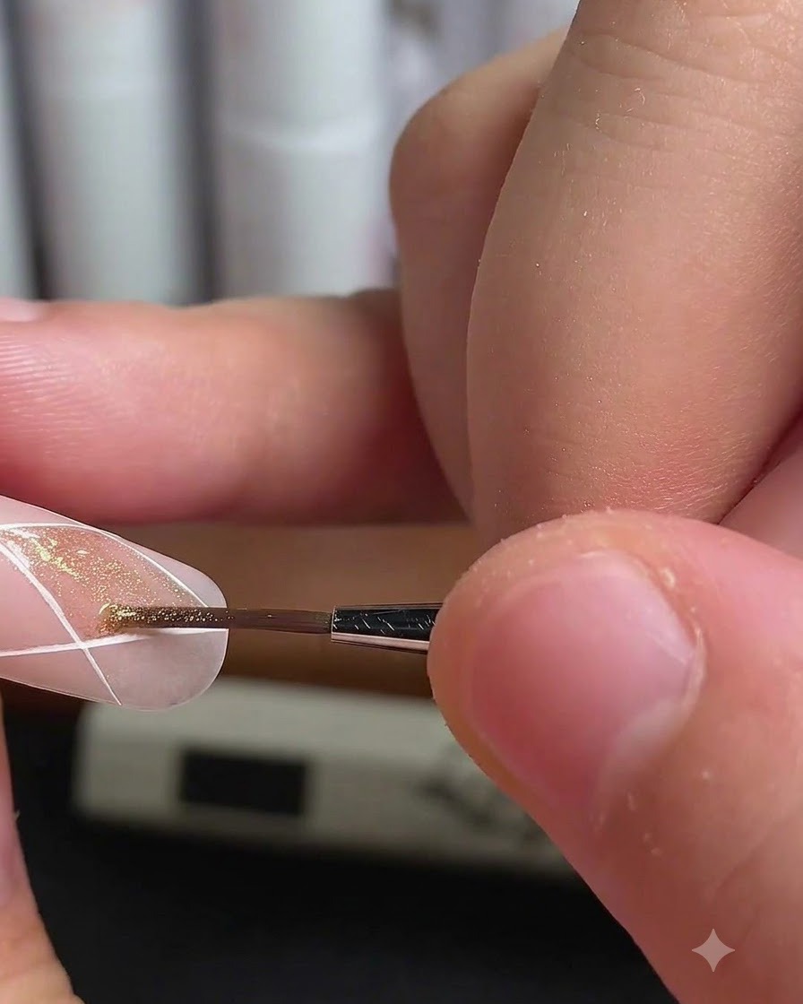 A fine brush applying gold cat-eye polish inside a diamond section on a nail.