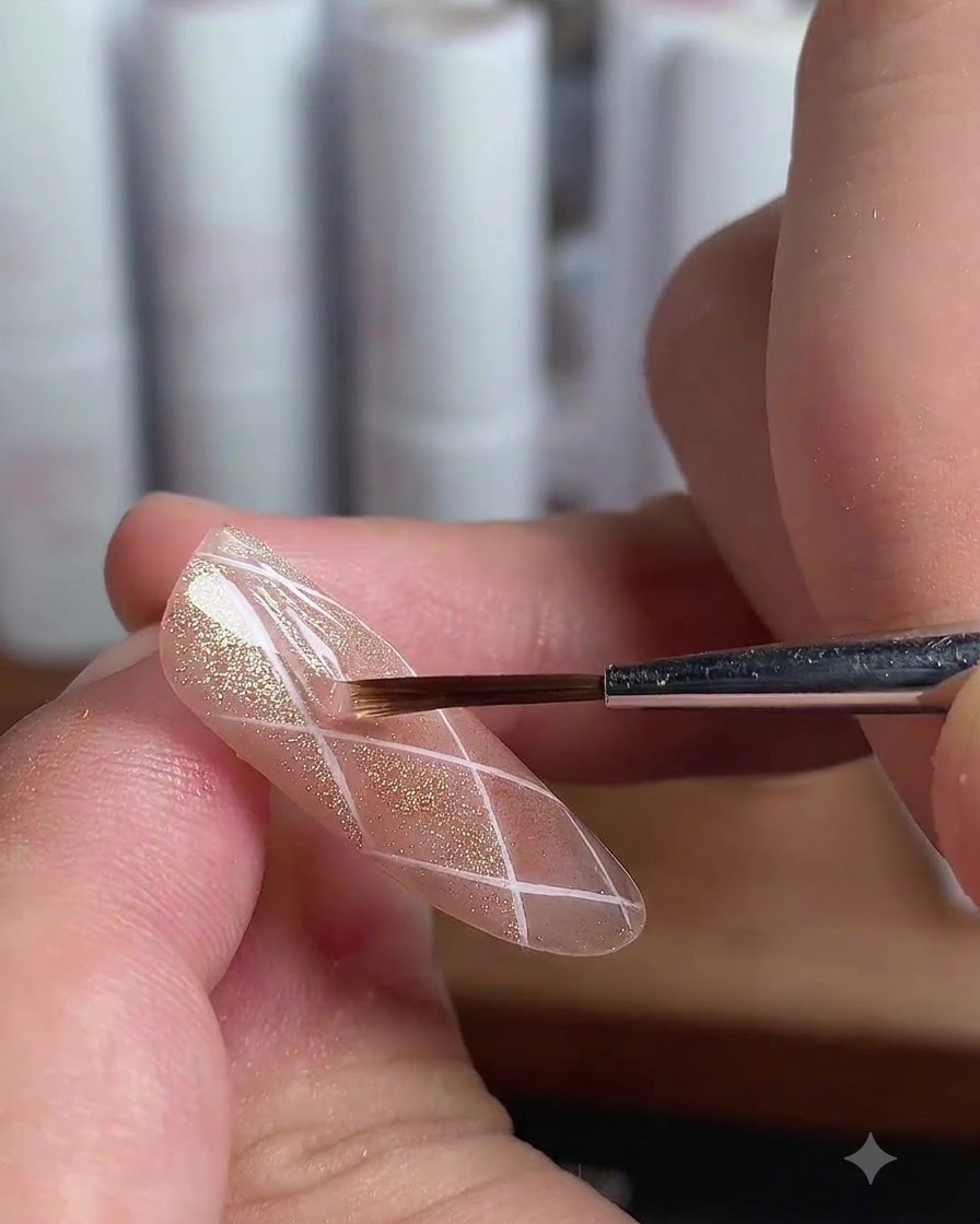 A brush applying top coat onto individual diamond sections of a nail.