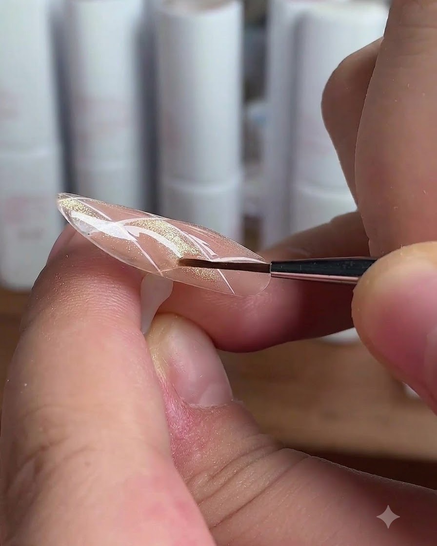 A nail with dimensional top coat under a UV lamp.