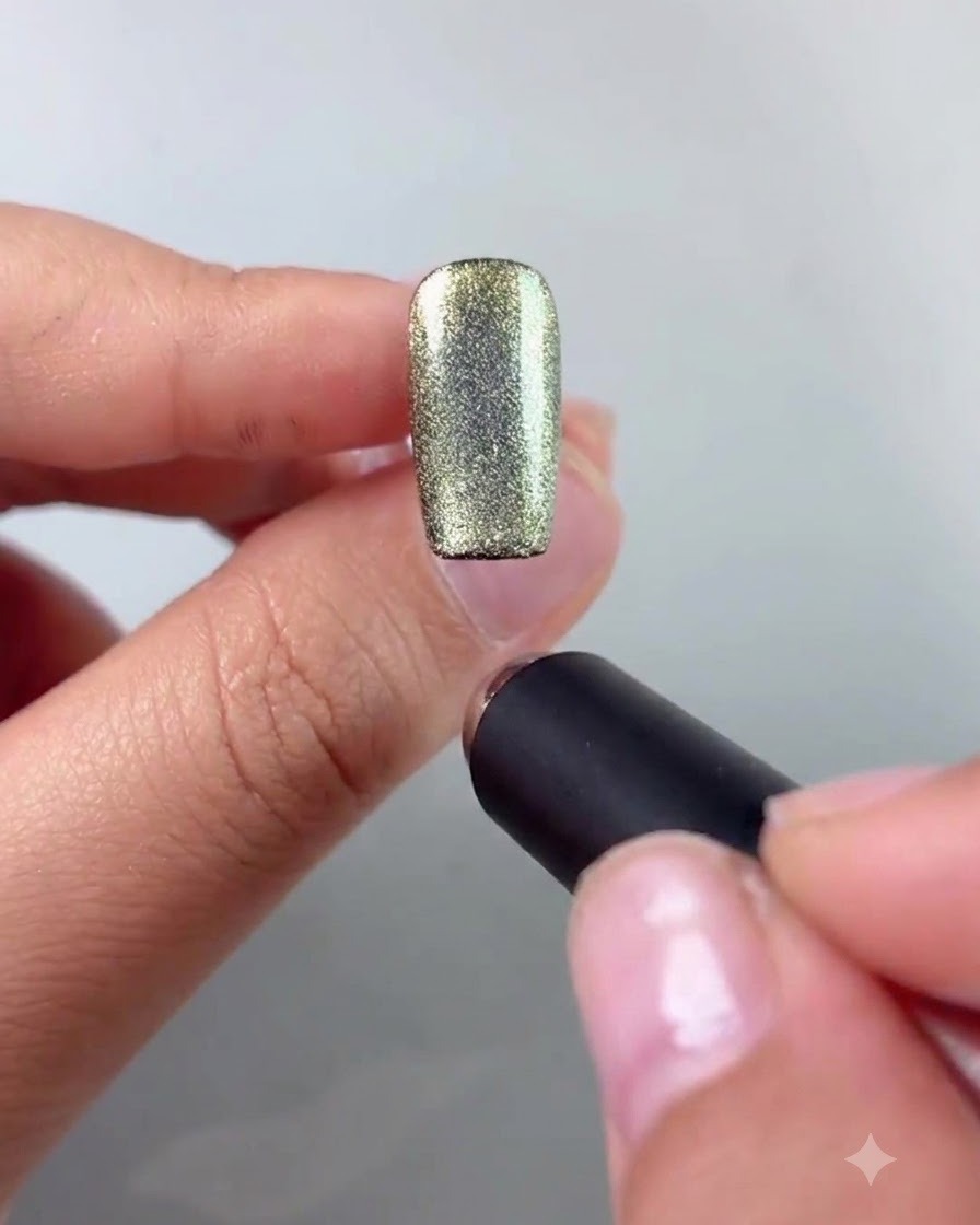 A magnetic wand held near the side of a shimmering gold and green cat-eye nail piece.