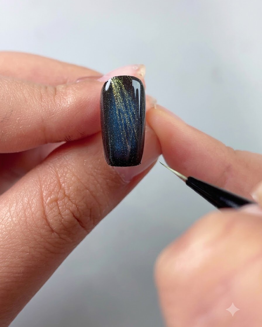A fine liner brush drawing delicate golden lines starting from the rear edge of a cat-eye nail piece.