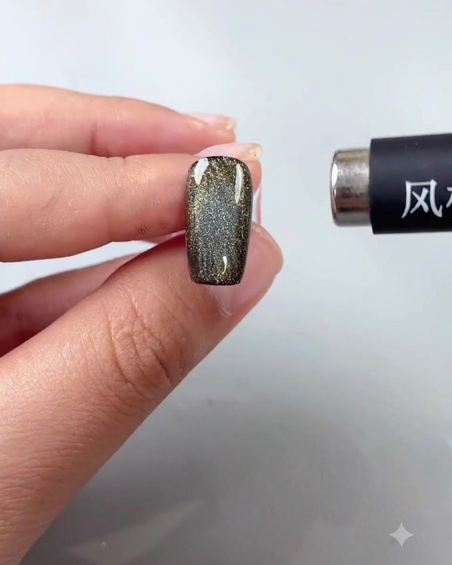 A magnetic wand held near a cat-eye nail piece to swirl and gather the particles into a bright bead effect.