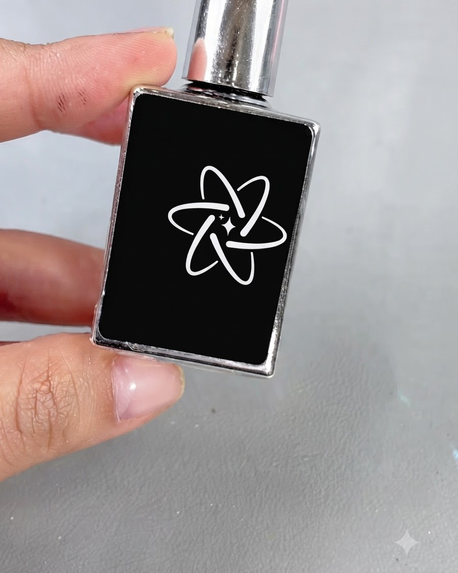 A black bottle with a silver cap and a white atom-like icon labeled with text, representing soft reinforcement gel.