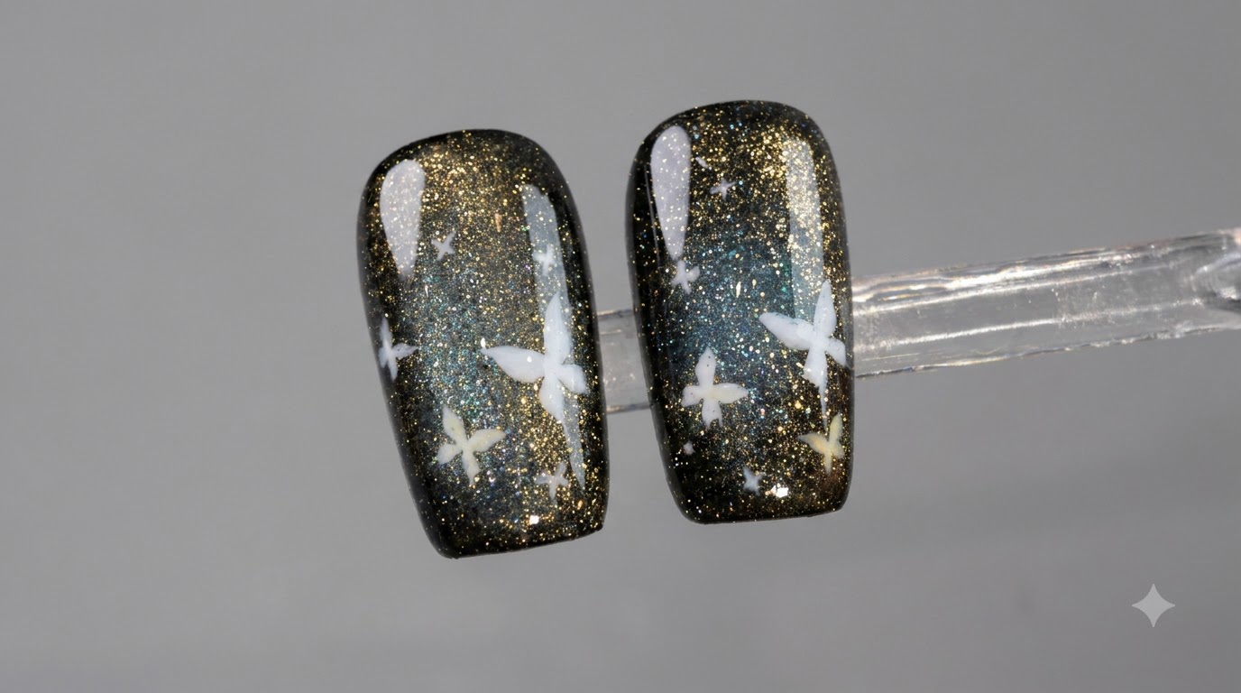 Falling Star Crushed Gold Butterfly Cat-Eye Nails — Step-by-Step Tutorial
