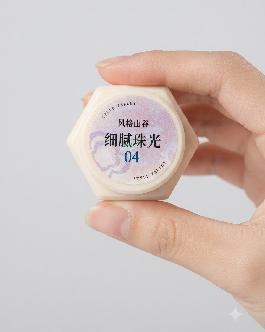 A small hexagonal container of delicate pearlescent gel number 4 held by a hand.
