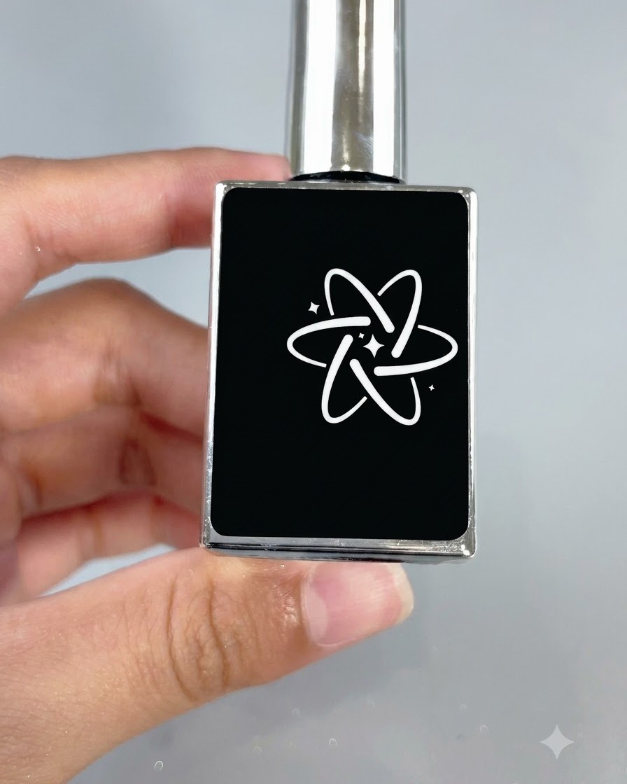 A sleek black bottle representing soft builder gel with a white star-like logo.