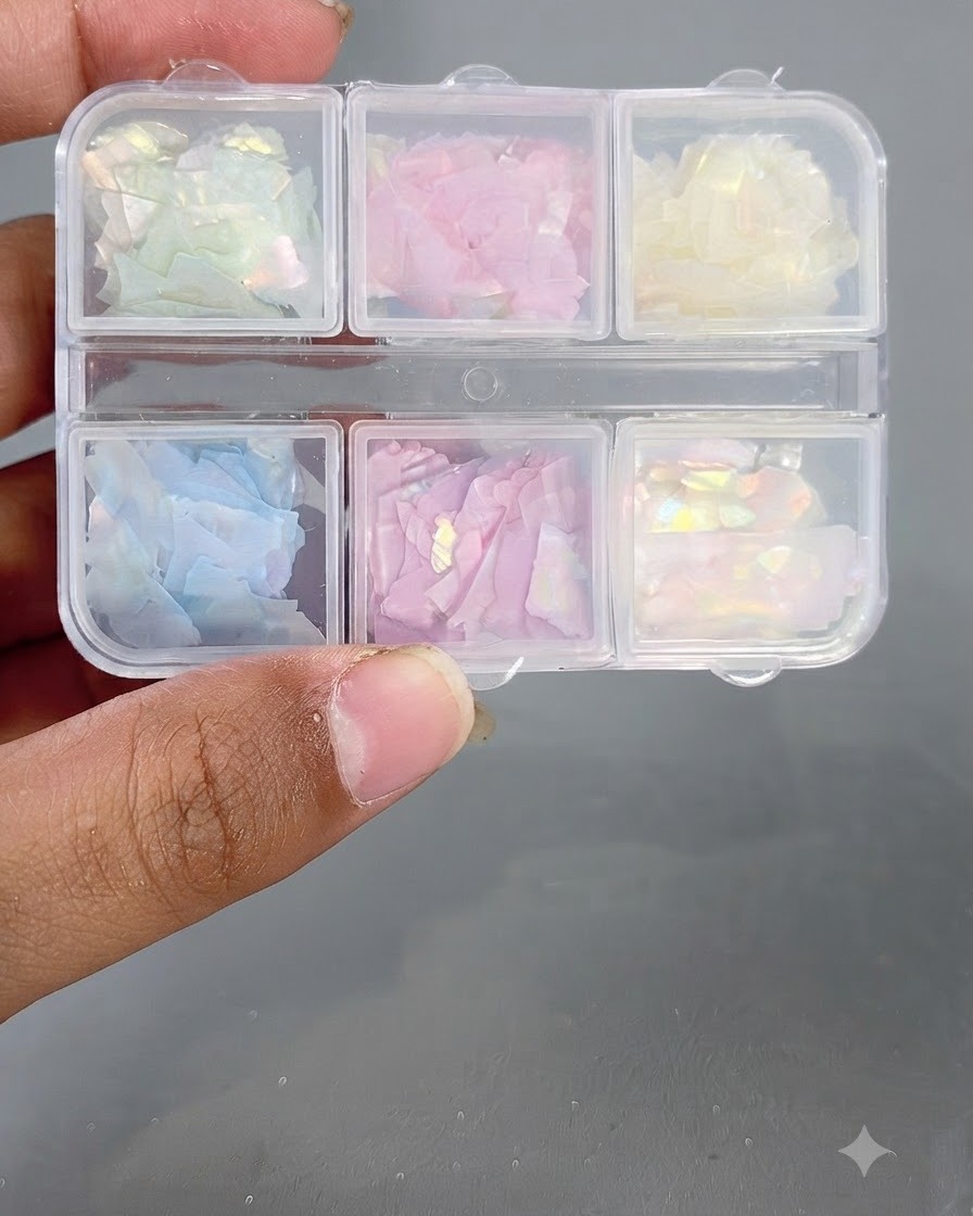 A multi-compartment storage box filled with assorted colorful iridescent shell pieces.