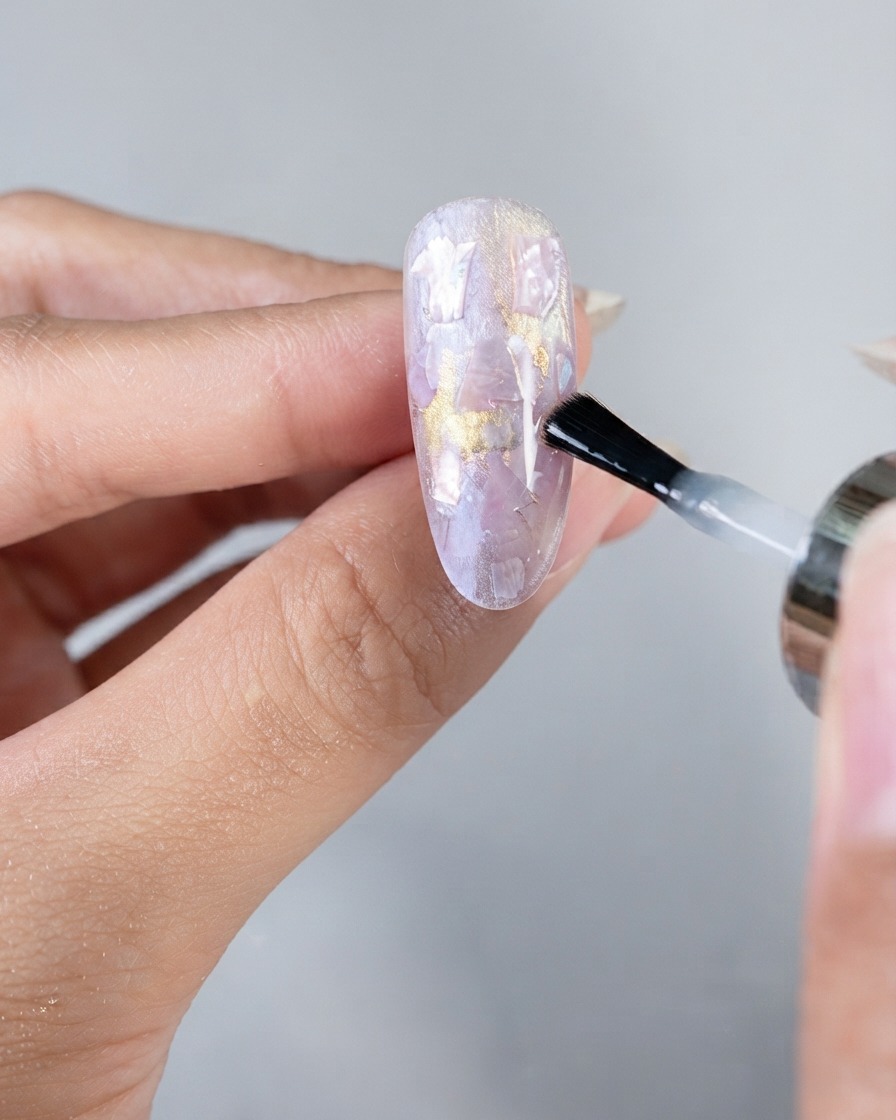 A brush applying a clear layer of soft builder gel over the shell-decorated nail surface.