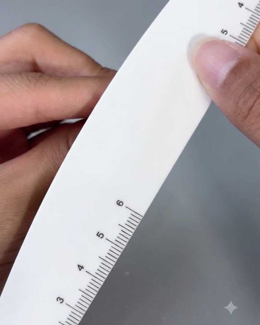 A white nail file buffer smoothing the surface of a manicured nail.