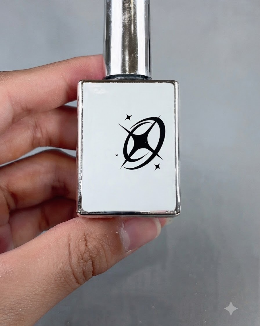 A bottle of milky white self-leveling gel held in hand, ready for application.