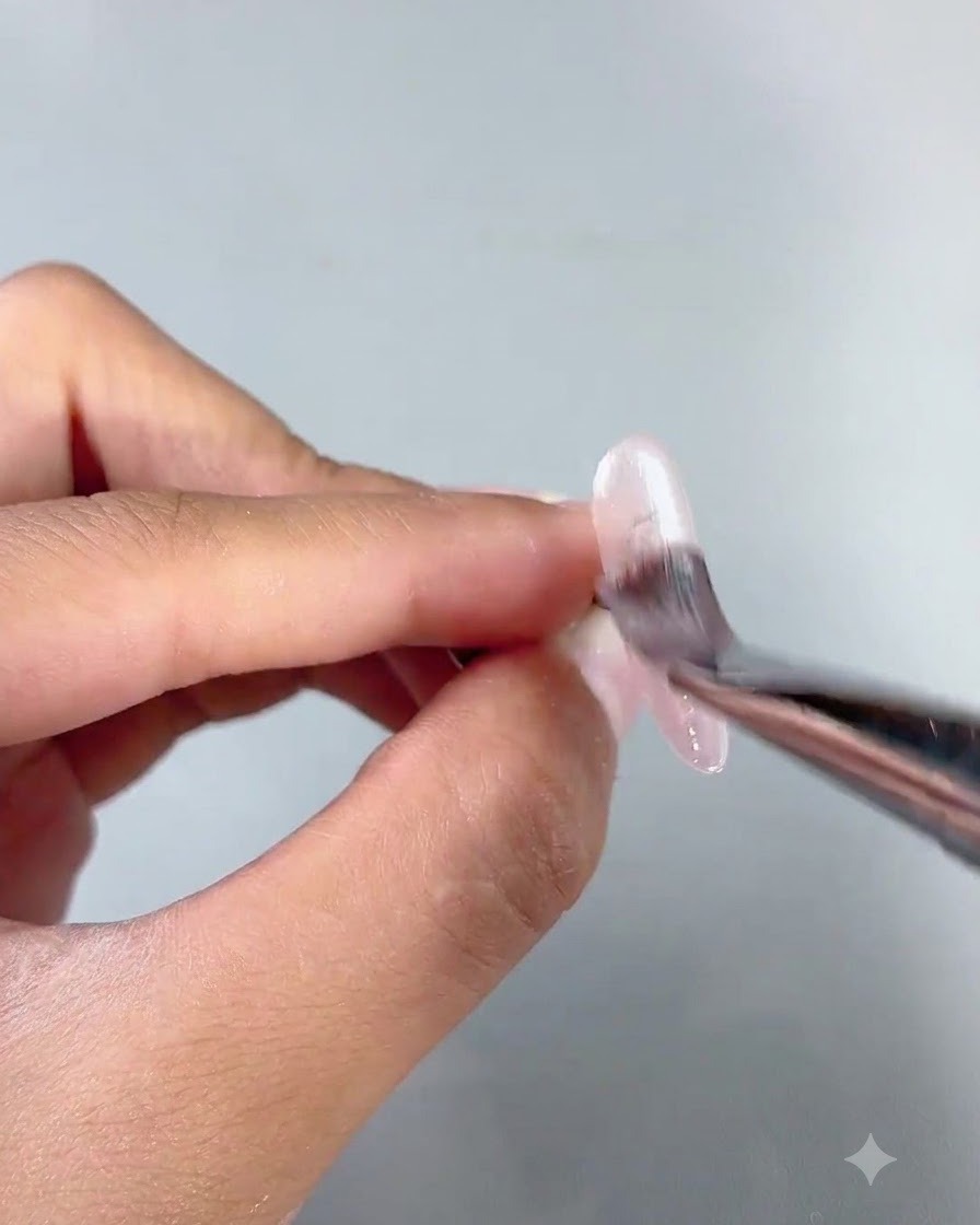 A nail brush applying clear aqua gel onto a nail extension held between fingers.