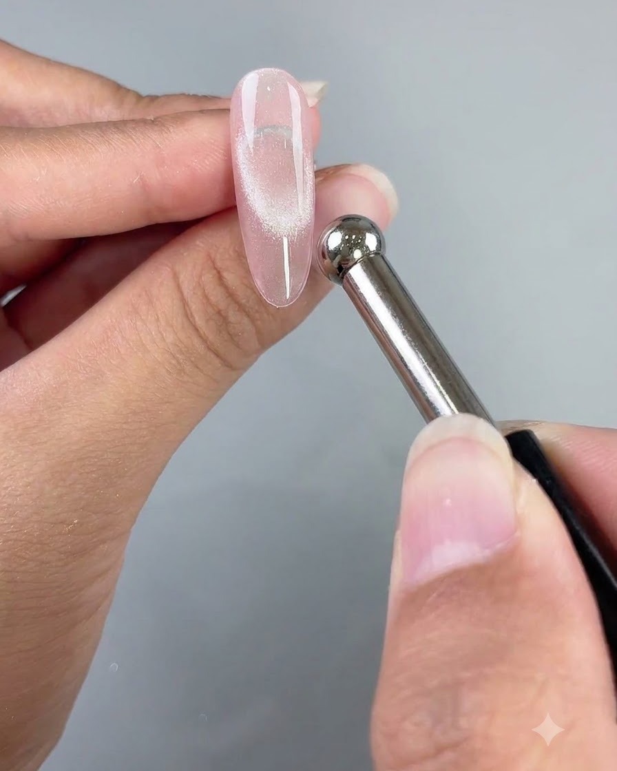 A magnetic wand hovering next to a pinkish-clear cat eye gel nail to form a concentrated light reflection.