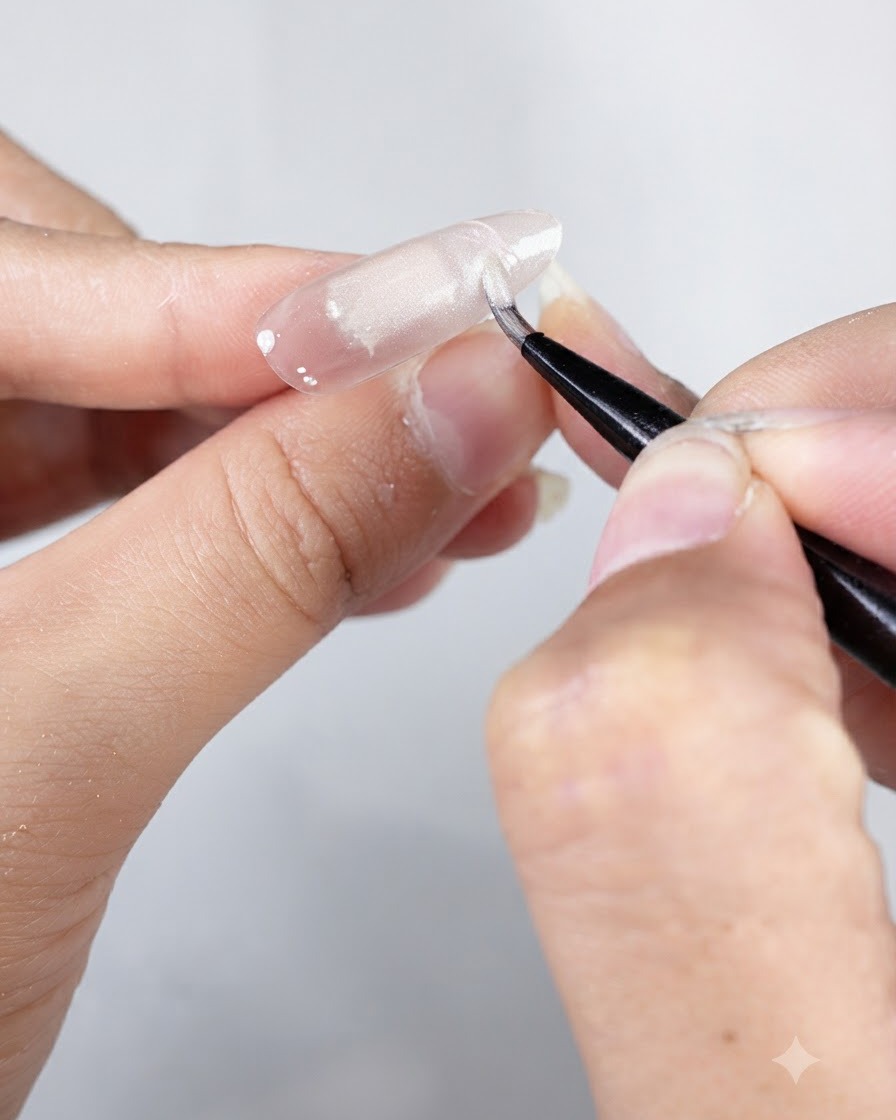 An art liner brush dipping into delicate pearlescent gel number 3 over a prepped nail.
