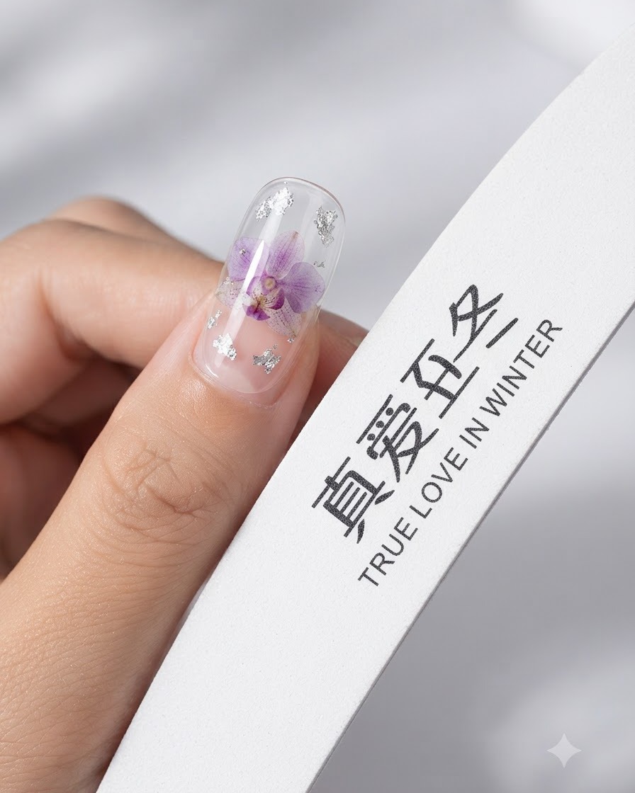 A nail file smoothing the surface of a clear artificial nail adorned with purple floral details and silver foil flakes.
