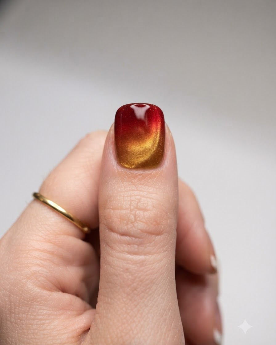 A close-up view of a magnetic wand held near a yellow cat-eye gel painted thumb nail.