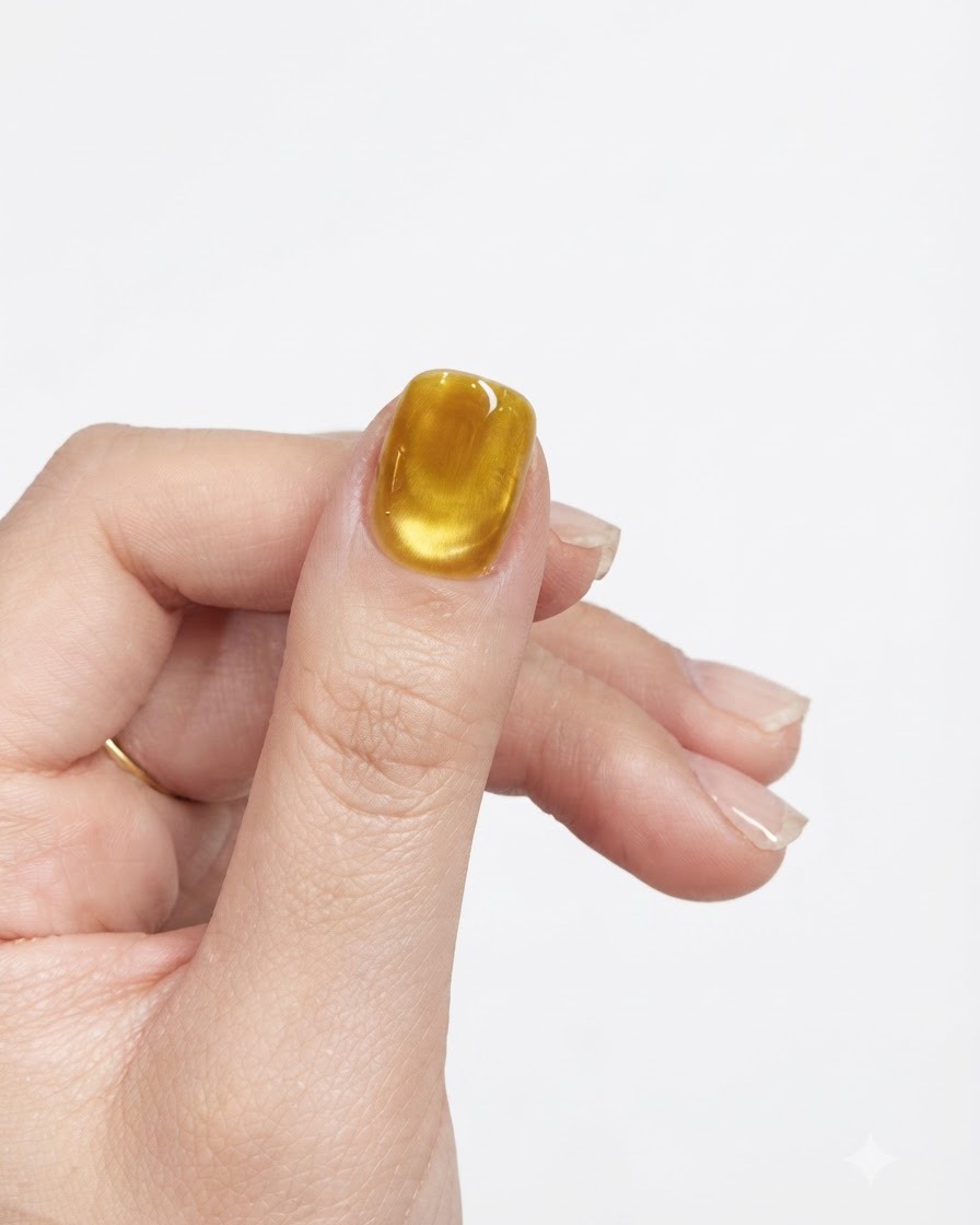 A clear display of a fully cured yellow cat-eye gel base on a thumb nail against a neutral background.