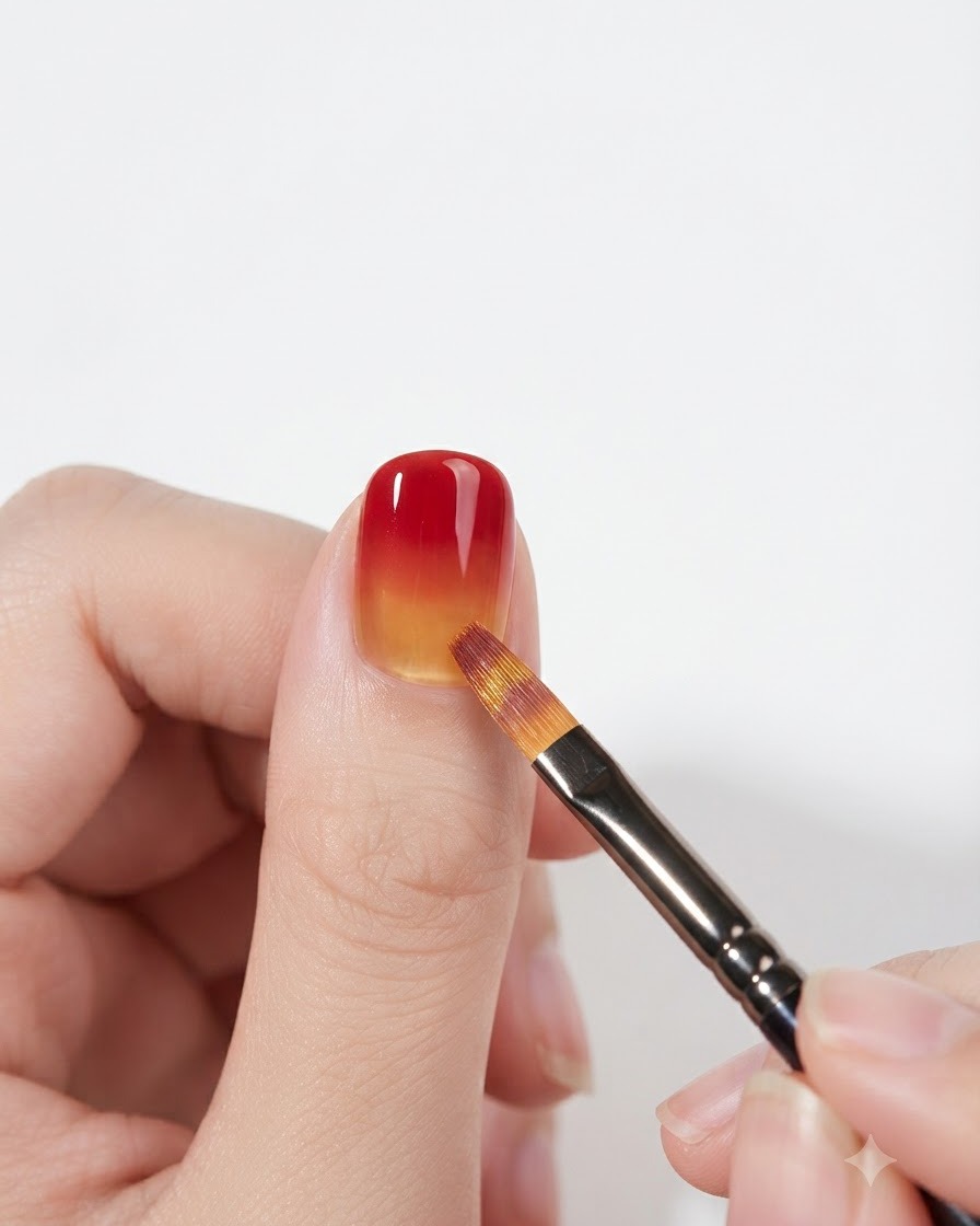 A flat gel brush softly blending the red and yellow transition zone on a nail.