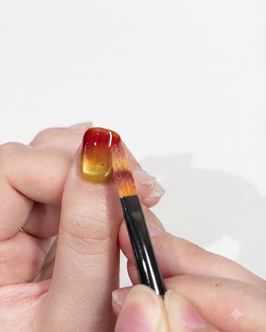 A mini UV/LED nail lamp positioned directly above a finger, curing the red and yellow gradient gel design.