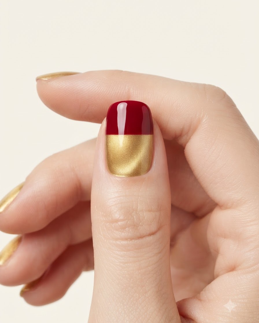 A close-up view of a thumbnail with a precise block of red gel polish applied to the tip over a golden base.