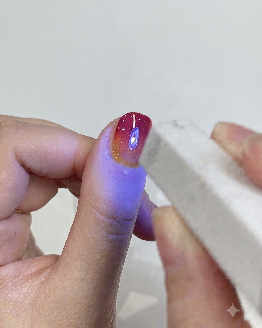 A mini UV/LED lamp emitting a blue light over a hand during the gel curing process.