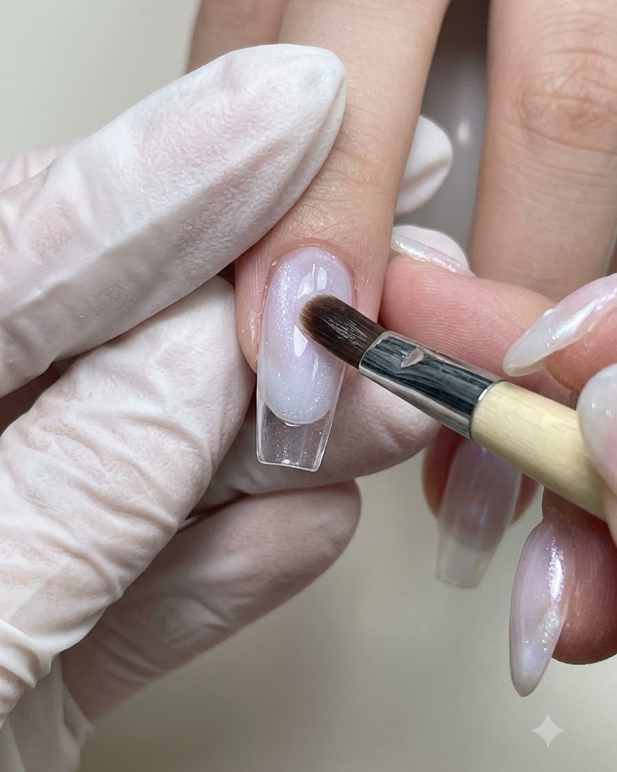 A gloved hand using a fine brush to blend light purple and pink color gels smoothly on a nail extension.