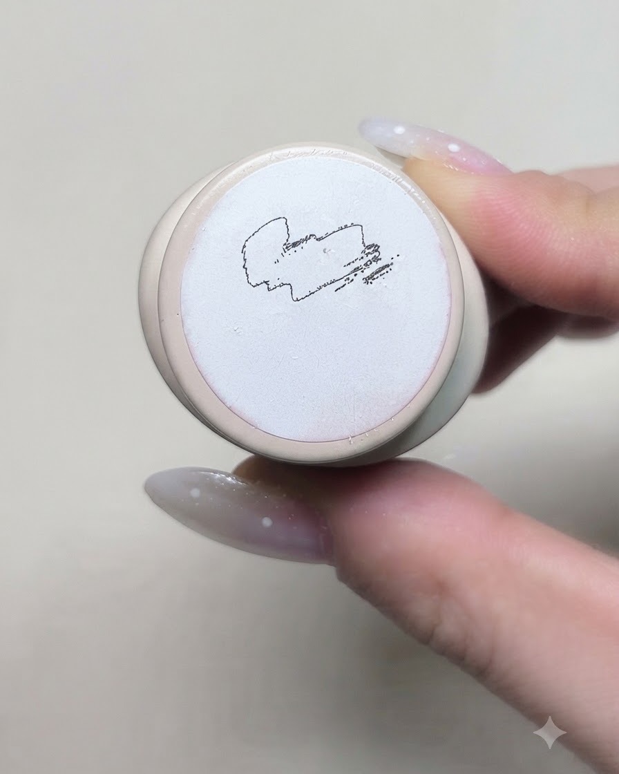 The bottom label of a cream nail art gel container showing product details and texture swatches.