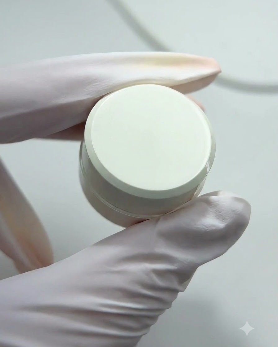 A sponge block loaded with orange pigment powder being dabbed onto a nail tip.