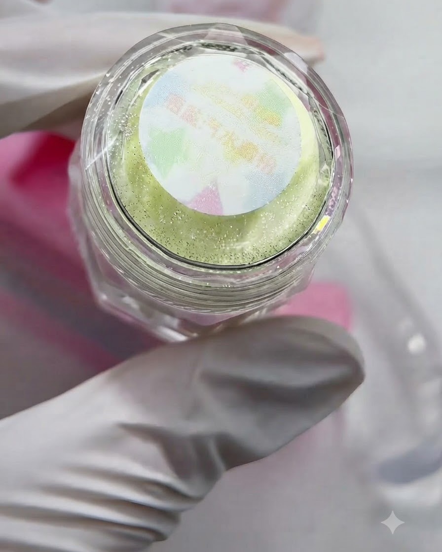 A small tool dusting sparkling yellow glitter powder over painted gel flame lines.
