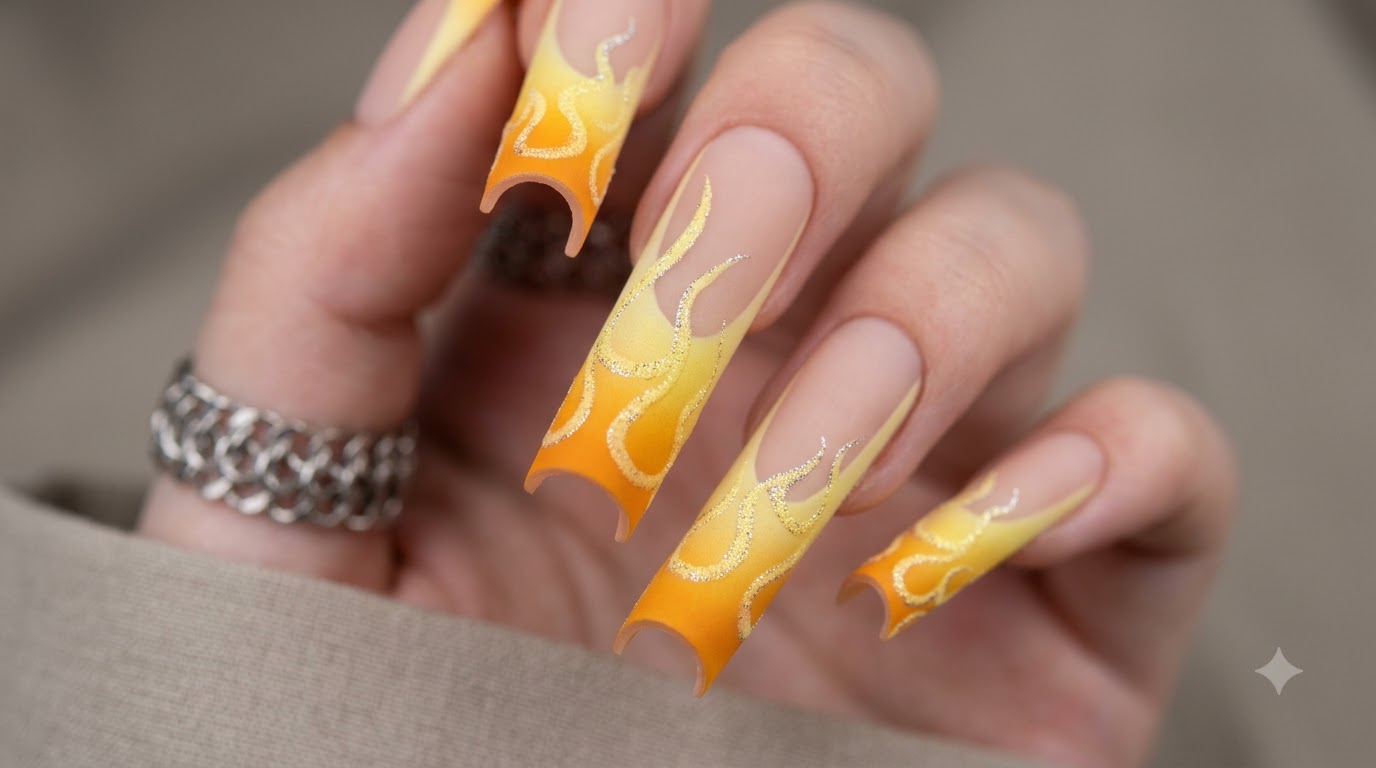 Orange Flame Nail Art with Silver Glitter Accents — Step-by-Step Tutorial