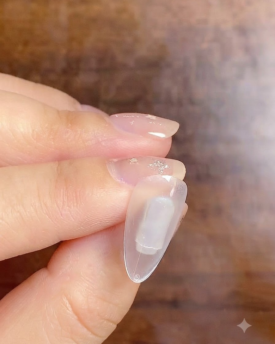 A nail positioned beneath a compact portable LED curing lamp.