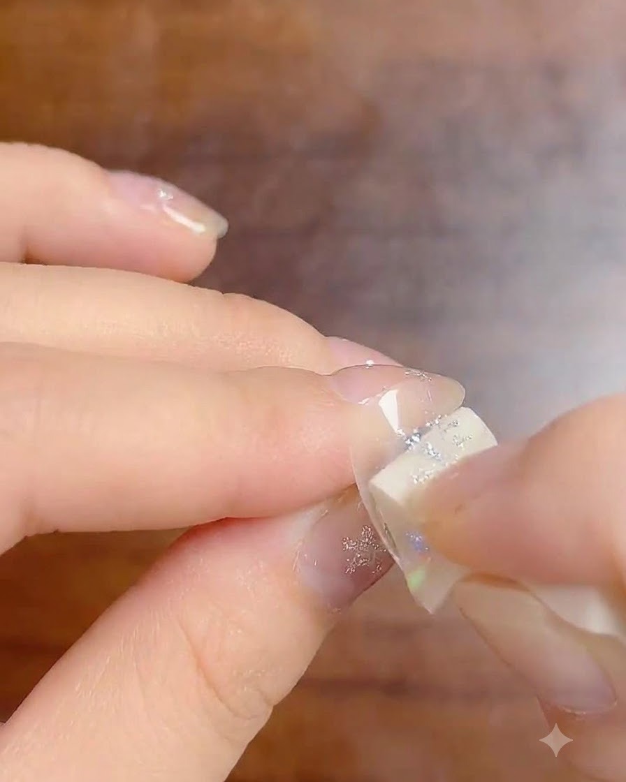 A small makeup sponge applying milky white gradient gel onto the tip of a fingernail.