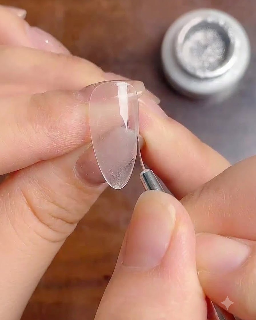 A fine liner brush drawing thin vertical silver glitter lines down the center of a nail.